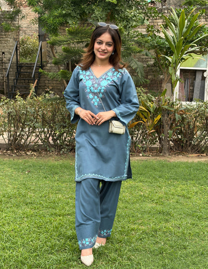 Slate Blue Kashmiri Aari Embroidered Ruby Cotton Co-ord Set for Women | Bahaar Collection 2025