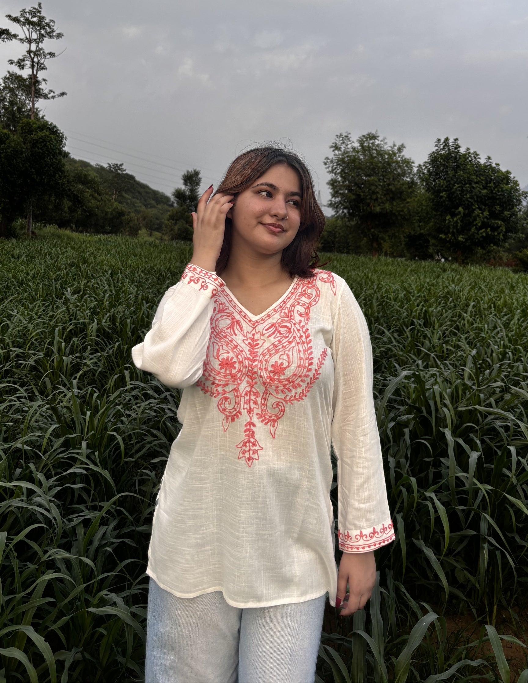 Women’s White Kashmiri Aari Embroidered Red Floral Short Kurti – Casual &amp; Office Wear