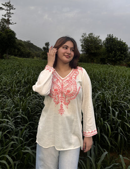 Women’s White Kashmiri Aari Embroidered Red Floral Short Kurti – Casual &amp; Office Wear
