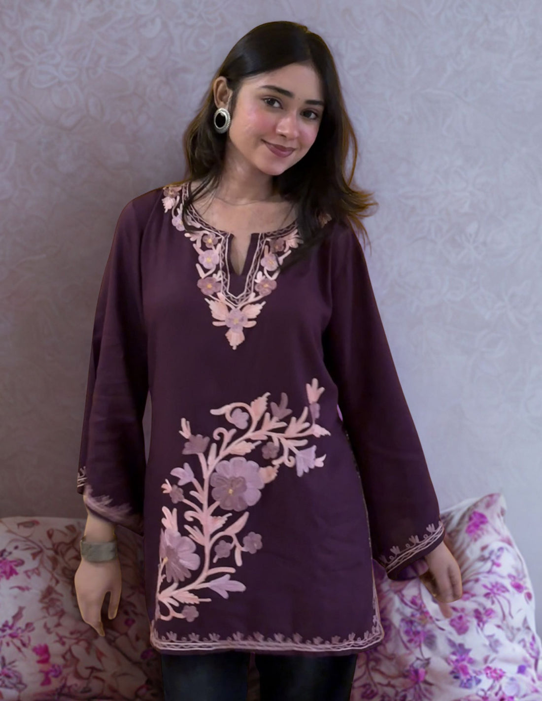 Wine Kashmiri Aari Embroidered Rayon Kurti for Women | Tonal Ethnic Wear - Kashmir Box