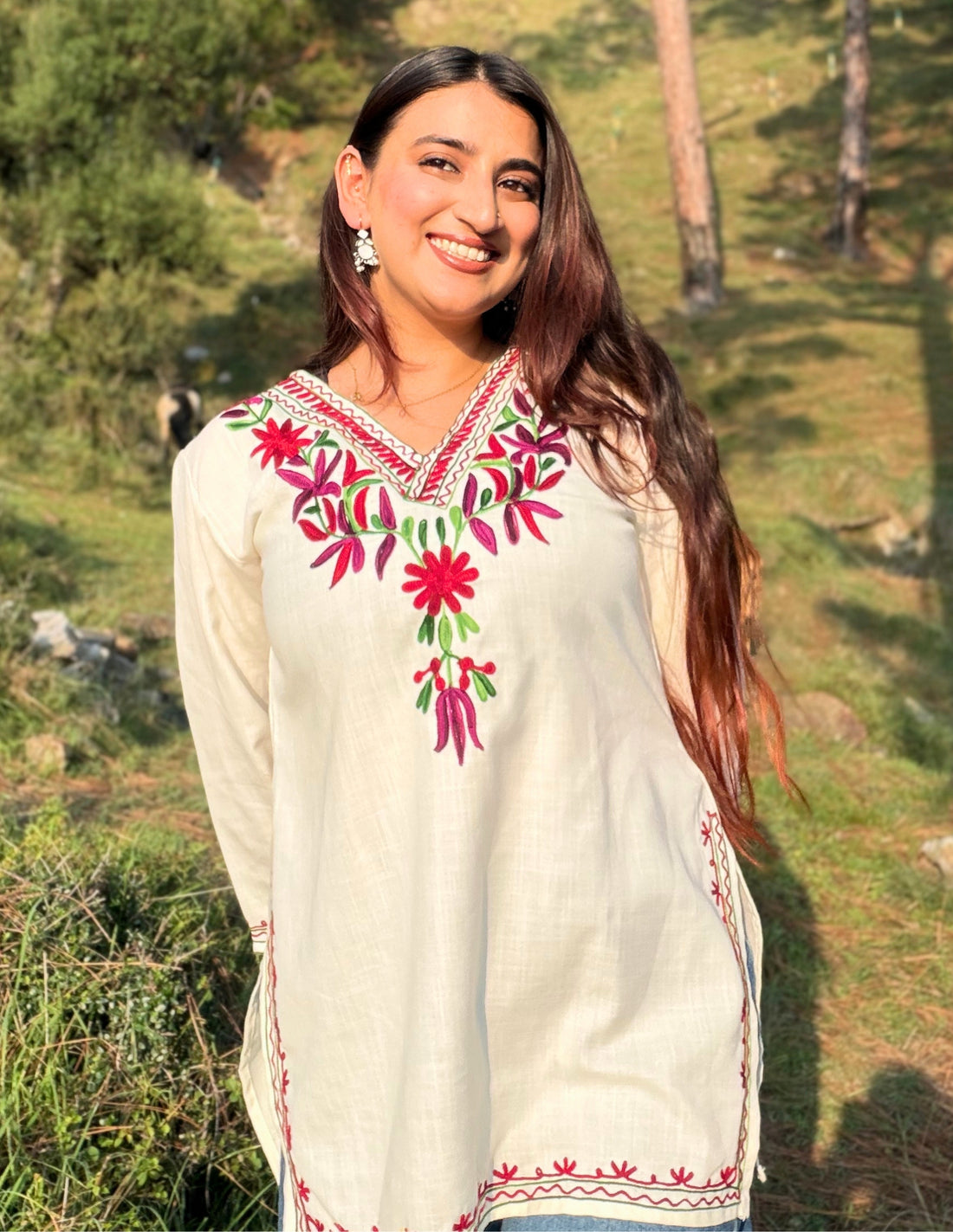 White Kashmiri Aari Embroidered Cotton Kurti for Women | Multicolor Ethnic Wear