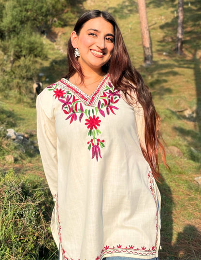 White Kashmiri Aari Embroidered Cotton Kurti for Women | Multicolor Ethnic Wear