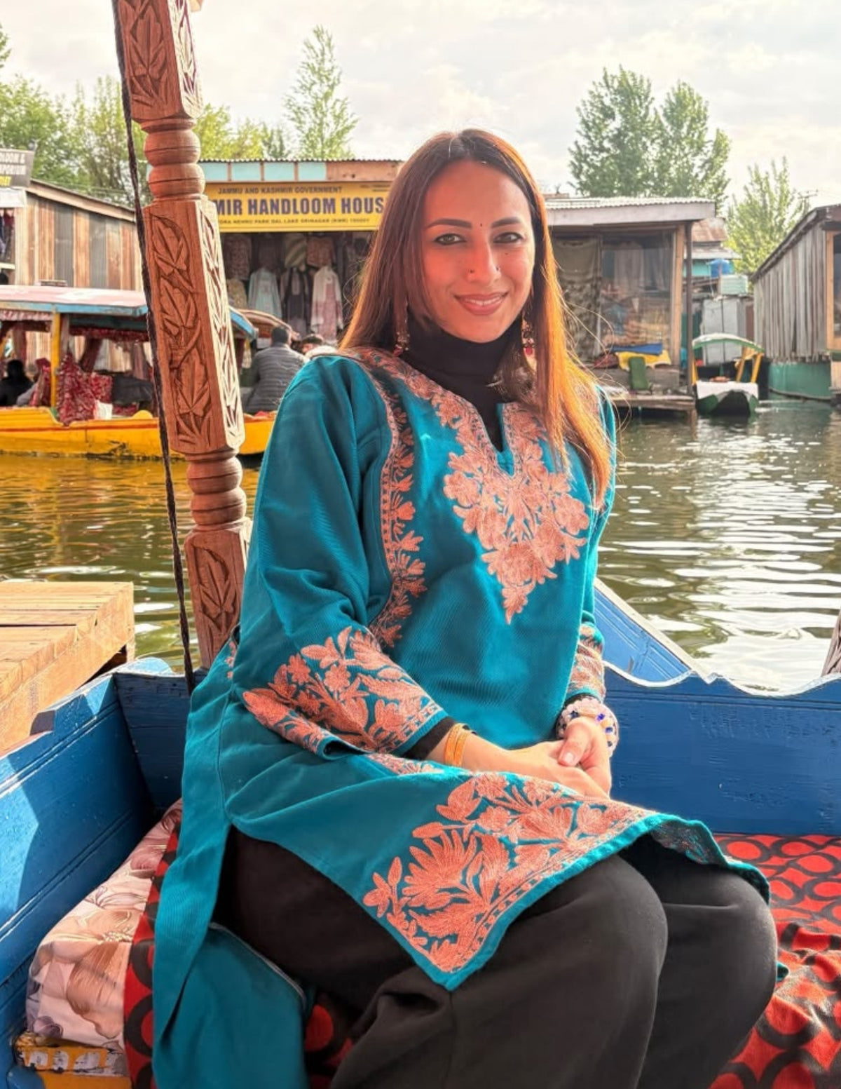 Teal Green Kashmiri Dark Brown Zari Embroidered Woollen Phiran  | Handcrafted Heritage