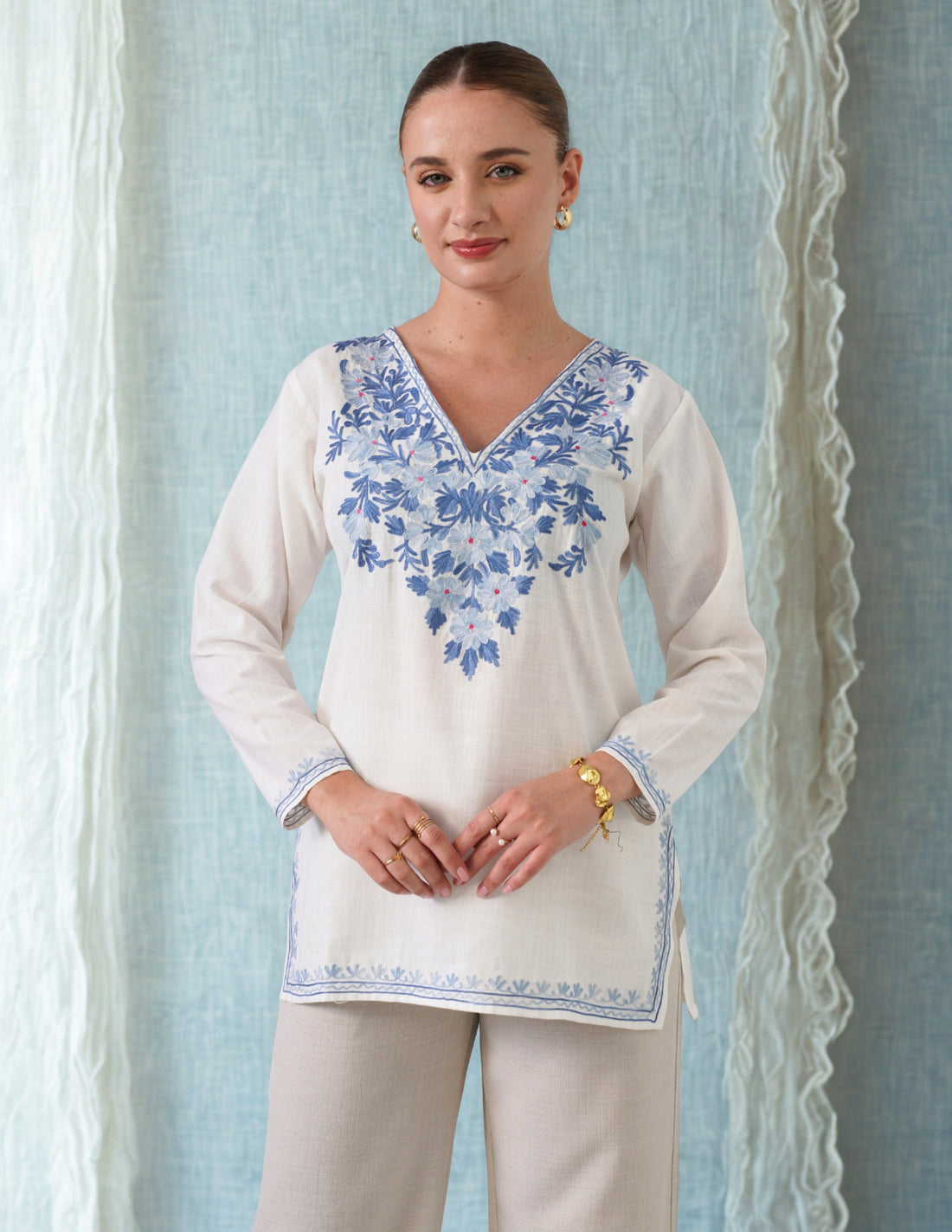 White Kashmiri Aari Embroidered Short Cotton Kurti for Women | Blue &amp; Grey Ethnic Wear
