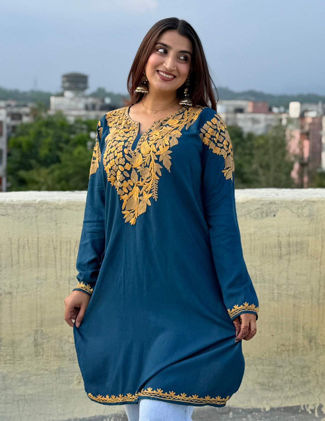 Blue Rayon Kurti – Light Brown &amp; Yellow Earthy Embroidery | Daily Ethnic Wear