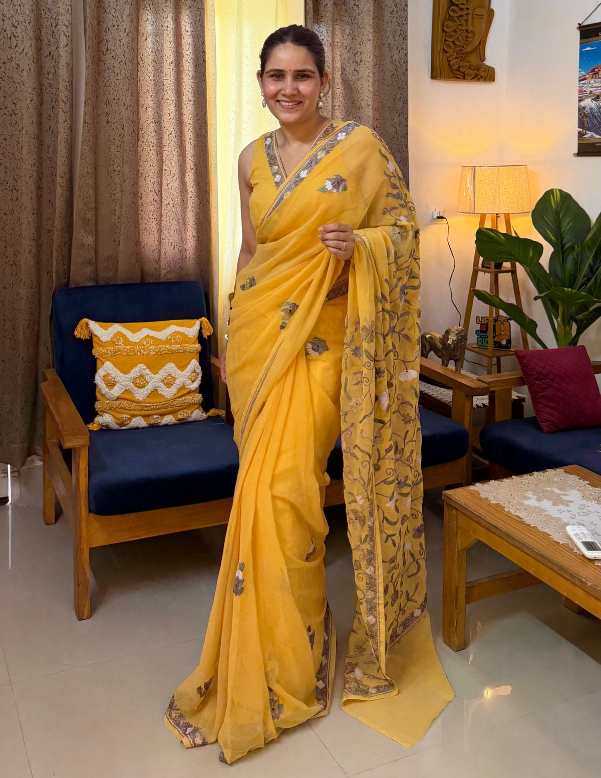 Kashmiri Aari Embroidered Georgette Saree –Yellow