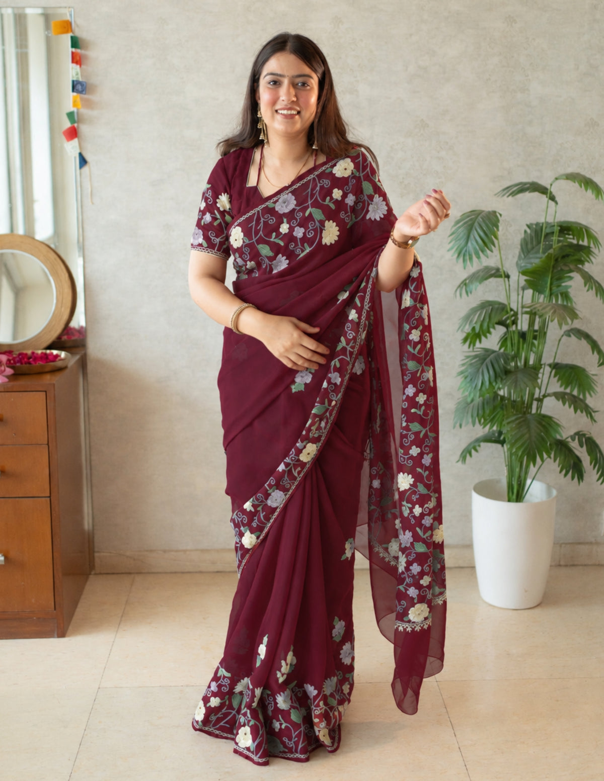 Kashmiri Aari Embroidered Georgette Saree – Crimson Red