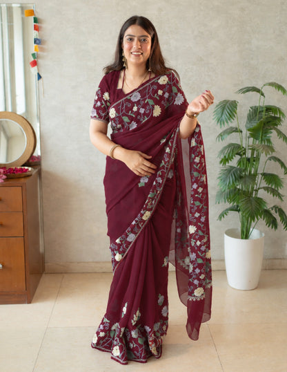 Kashmiri Aari Embroidered Georgette Saree – Crimson Red