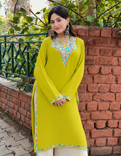 Parrot Green Kashmiri Aari Embroidered Rayon Kurti for Women | Vibrant Ethnic Wear