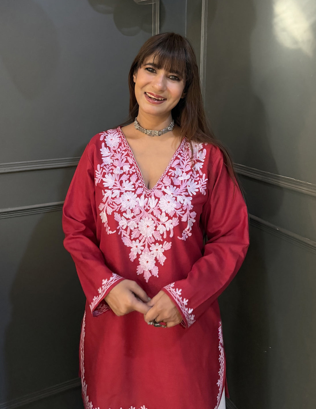 Blush Aari Embroidery Maroon Cotton Top - Kashmir Box