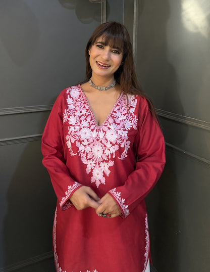 Blush Aari Embroidery Maroon Cotton Top - Kashmir Box