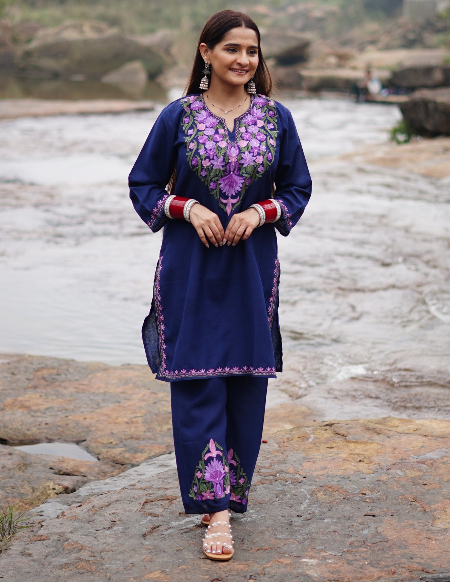 Blue Kashmiri Aari Embroidered Cotton Co-ord Set for Women | Multicolor Ethnic Wear