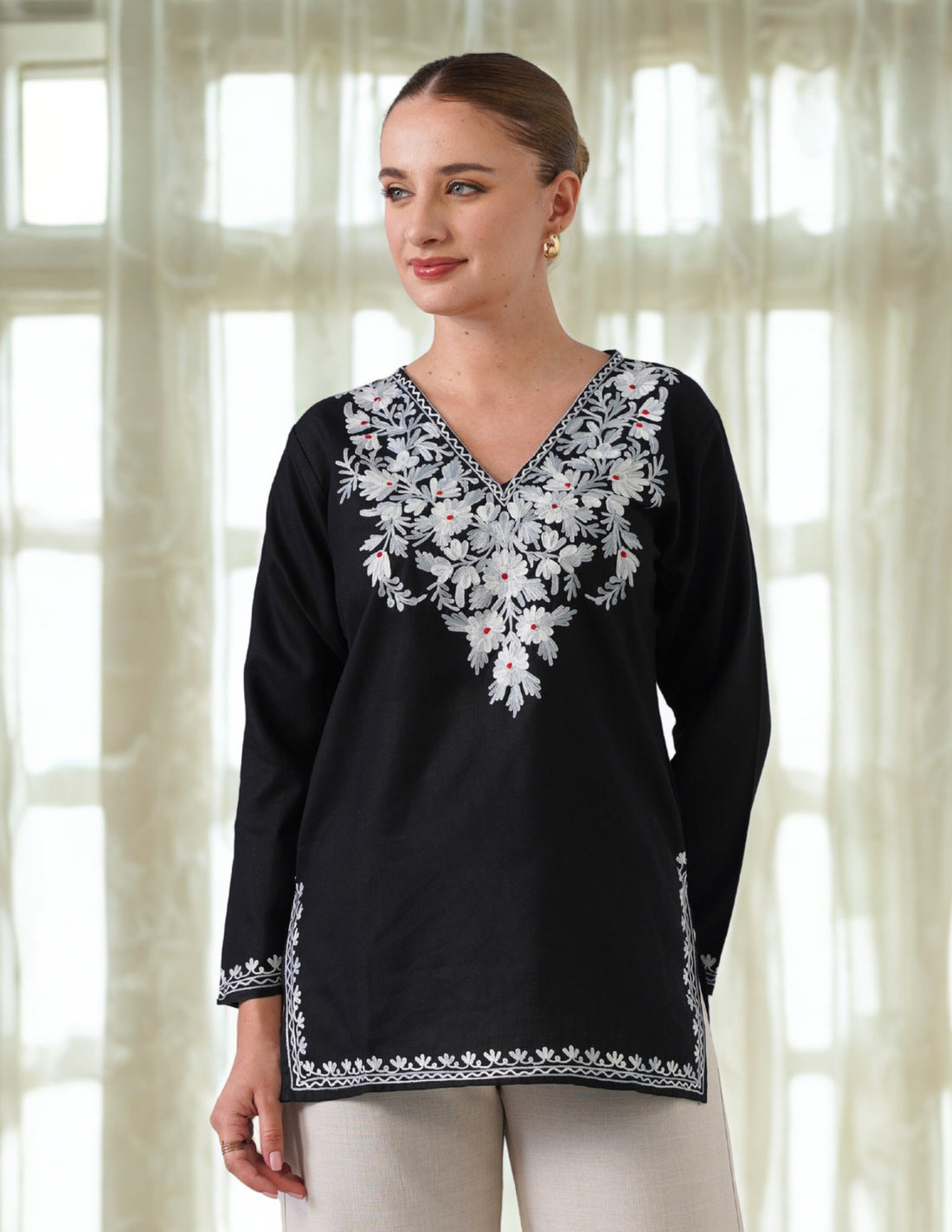 Black Kashmiri Aari Embroidered Short Cotton Kurti for Women