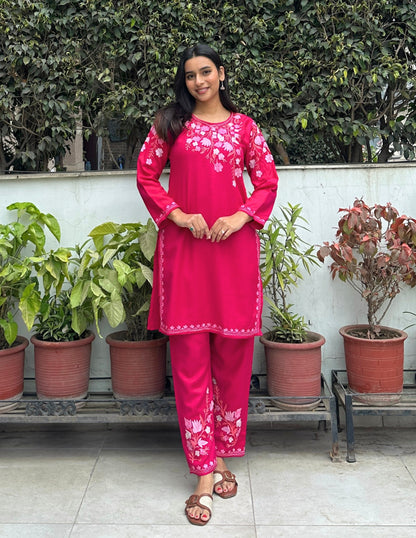 Kashmiri Baby Pink Aari Embroidered Woollen Coordset – Pink | Elegant Winter Wear