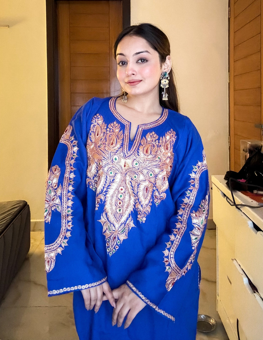 Kashmiri Golden Boti Tilla Embroidered Pure Woollen Phiran – Royal Blue | Handcrafted Heritage