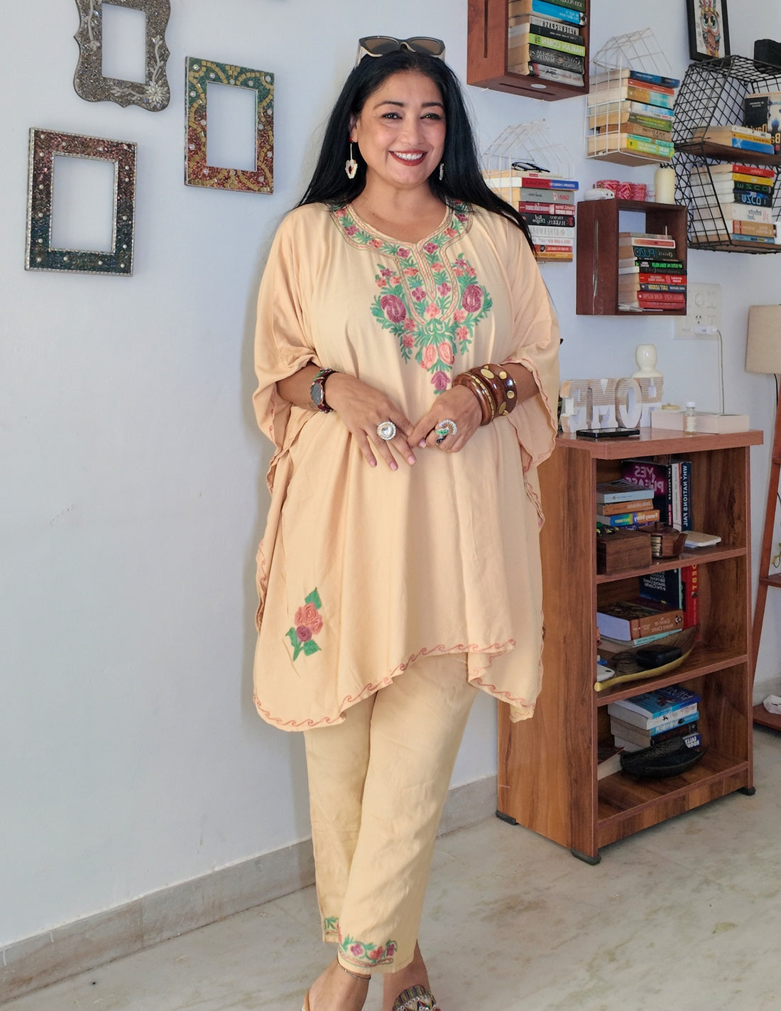 Fawn Kashmiri Aari Embroidered Rayon Kaftan Set for Women | Neutral Ethnic Wear