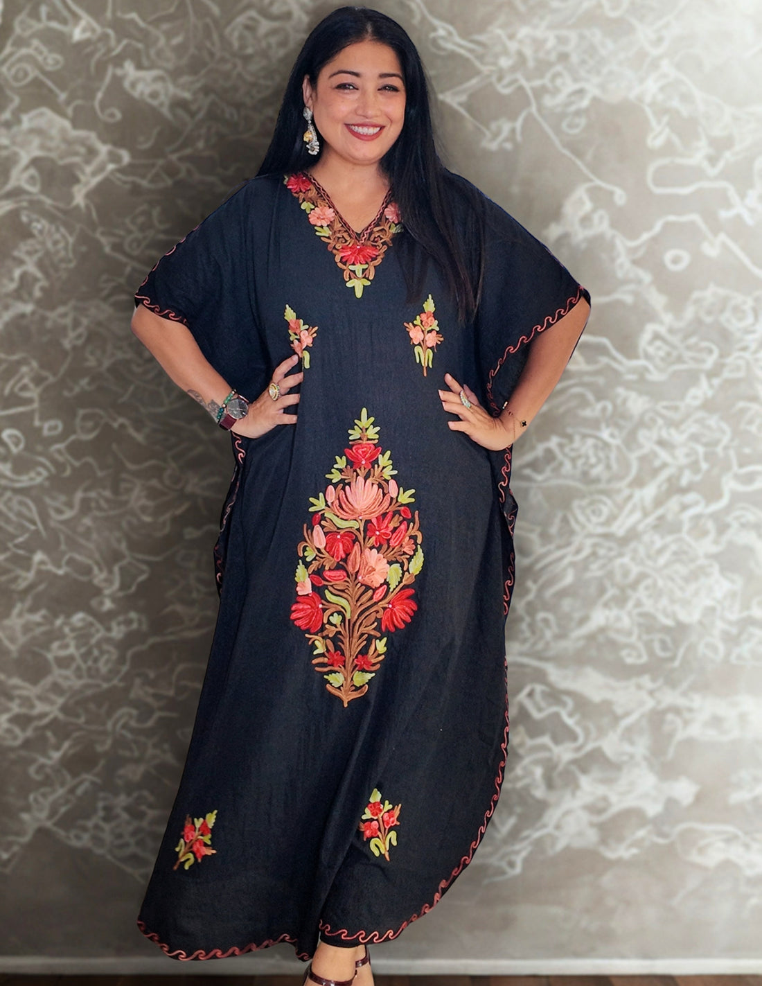 Black Floral Aari Embroidered Summer Cotton Kaftan