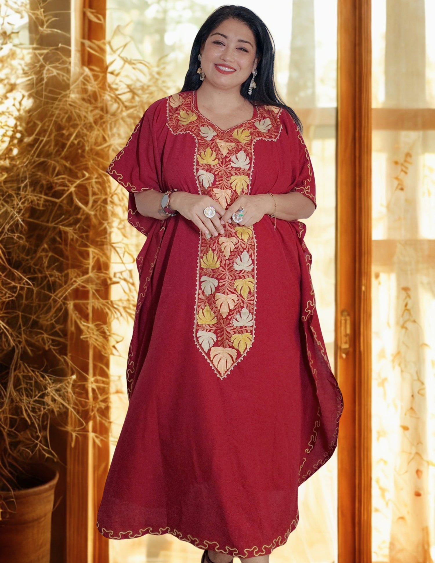 Long Neck Maroon Embroidered Summer Cotton Kaftan