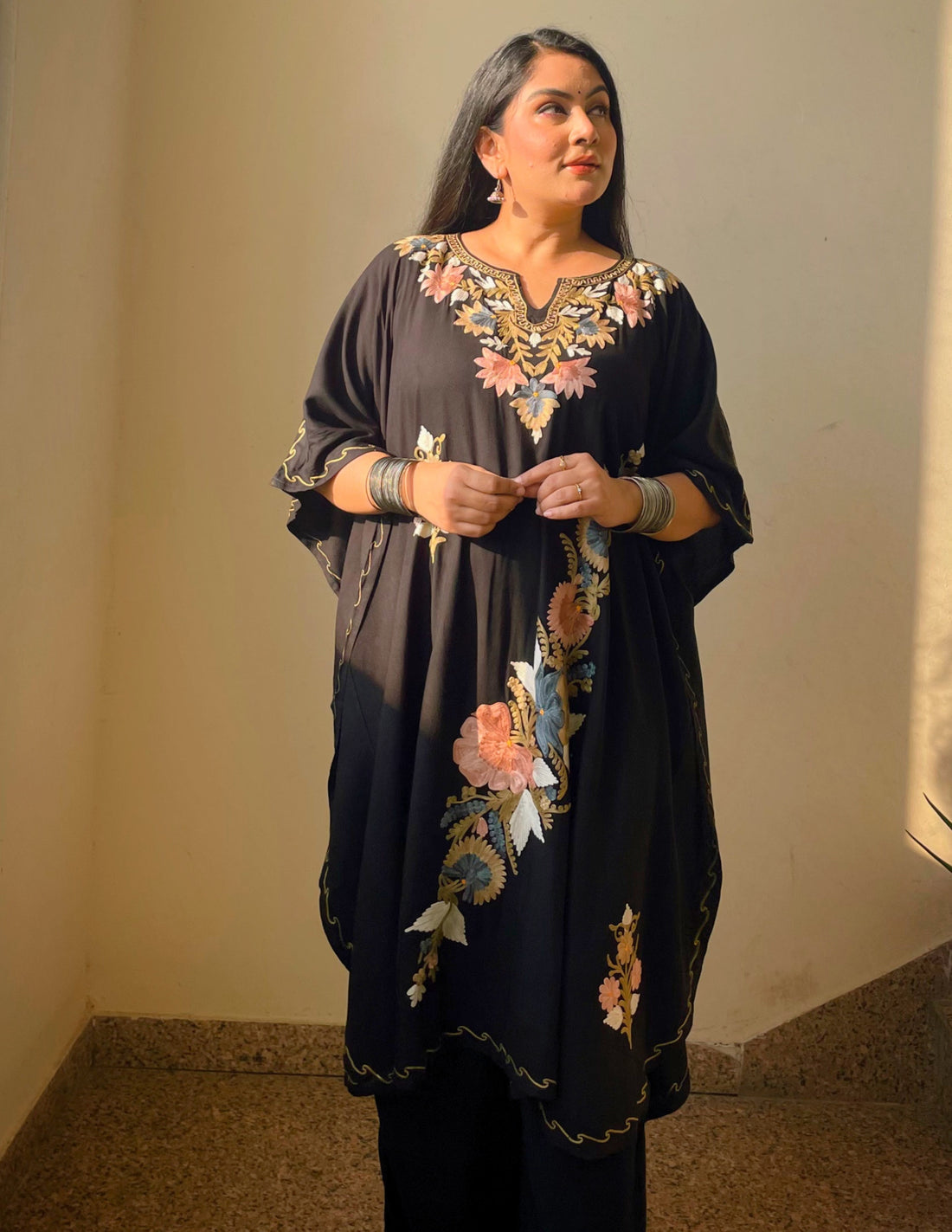 Black Kashmiri Aari Embroidered Rayon Kaftan for Women | All-Purpose Ethnic Wear