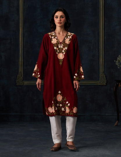 Kashmiri Aari Embroidered Woollen Phiran – Maroon | Timeless Winter Wear - Kashmir Box