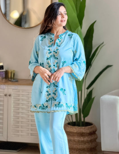 Sea-Blue Modal Satin Coord Set with Fine Aari Embroidery — Bulbul Collection | Kashmiri Summer Festive Wear