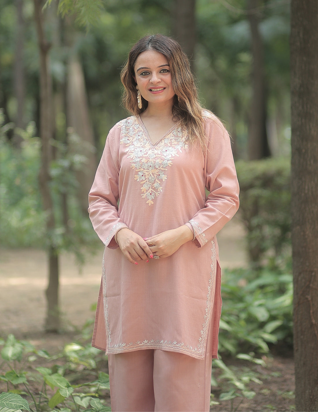 Nigeen Kashmiri Aari Dusky  Pink Co-ord Set - Kashmir Box