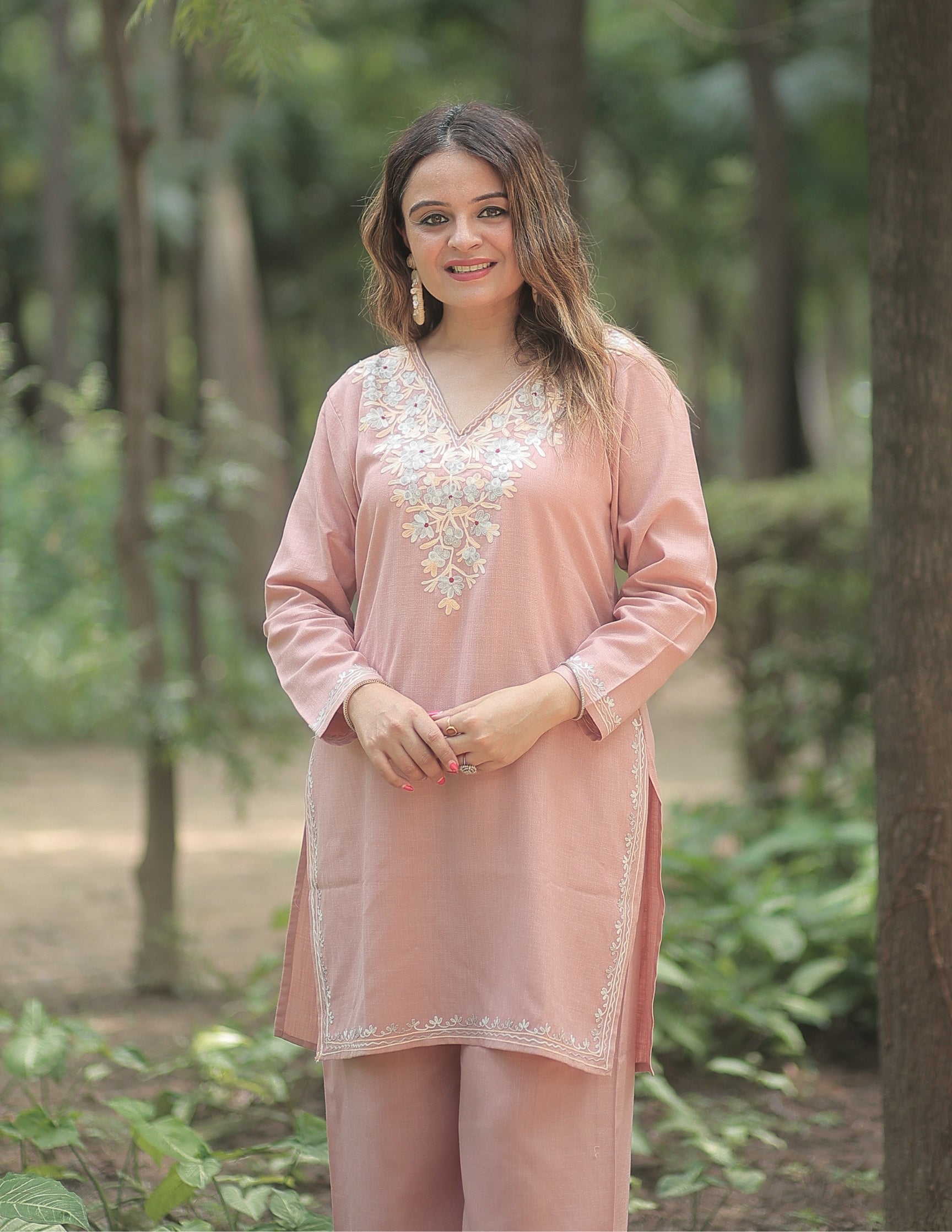 Nigeen Kashmiri Aari Dusky  Pink Co-ord Set - Kashmir Box