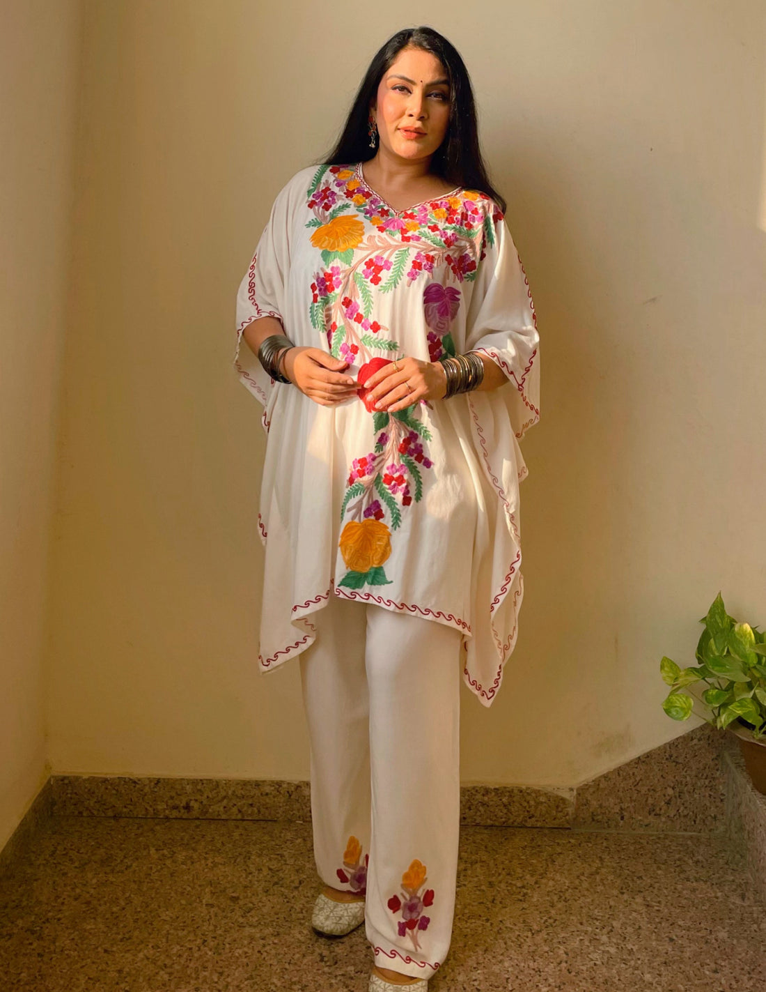 White Kashmiri Aari Embroidered Rayon Kaftan Set for Women | Summer Ethnic Wear