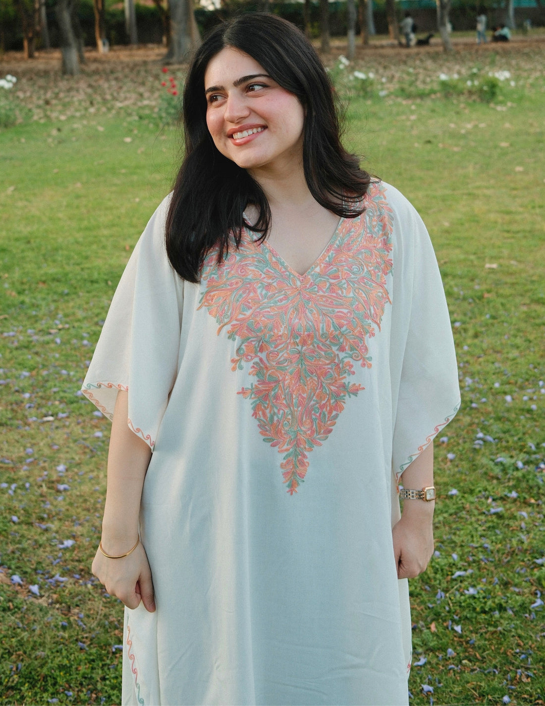 Off White Kashmiri Aari Embroidered Rayon Kaftan for Women | Multicolor Ethnic Wear