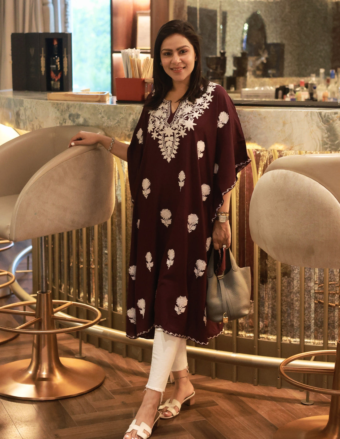 Wine Rayon Kaftan – White Aari Embroidery | Classic Single Piece Comfort Wear