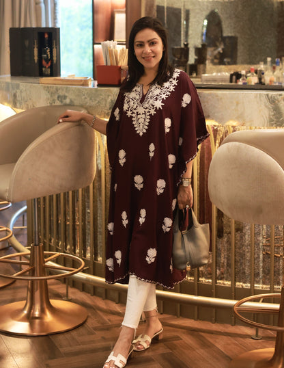 Wine Rayon Kaftan – White Aari Embroidery | Classic Single Piece Comfort Wear