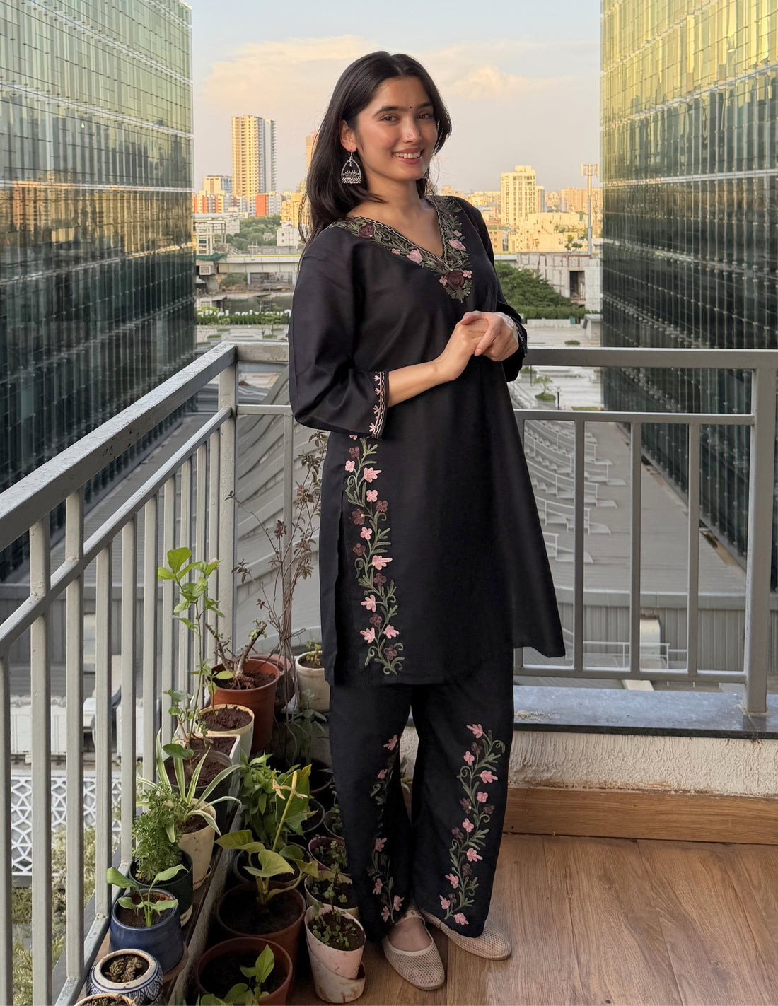 Black Kashmiri Aari Embroidered Cotton Co-ord Set for Women | Office &amp; Casual Ethnic Wear