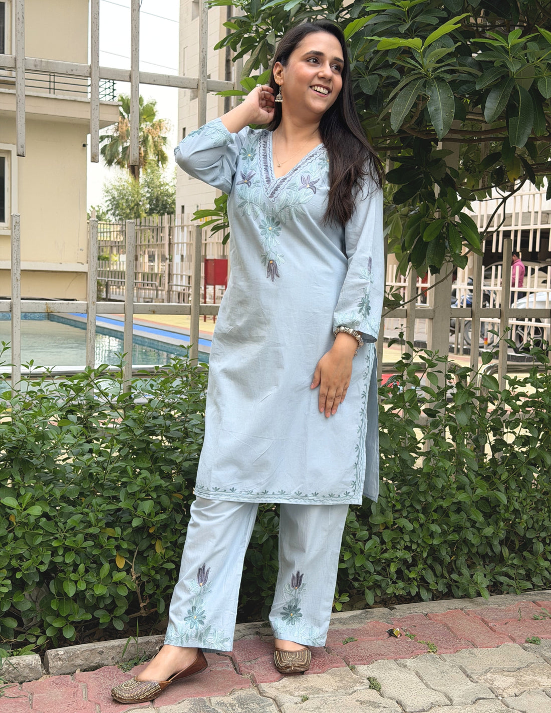 Light Blue Kashmiri Aari Embroidered Cotton Co-ord Set for Women | Ethnic Wear