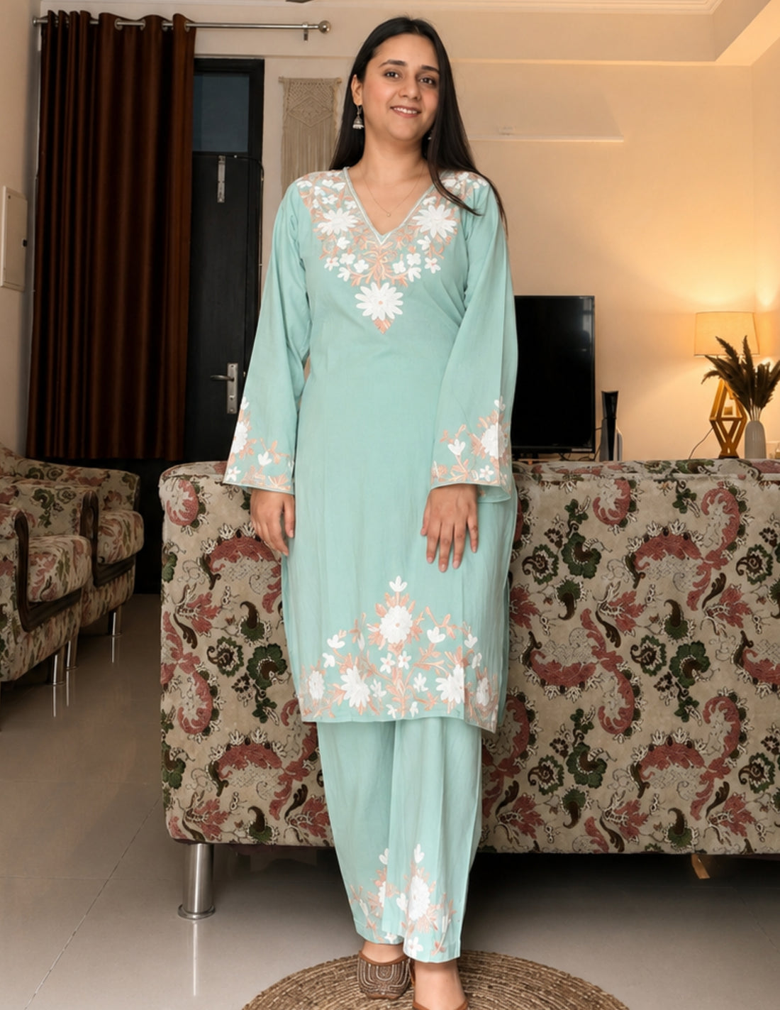 Light Green Kashmiri Aari Embroidered Cambric Cotton Co-ord Set for Women | Casual Ethnic Wear