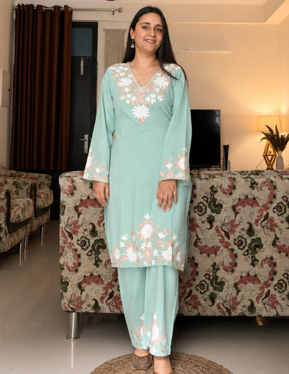 Light Green Kashmiri Aari Embroidered Cambric Cotton Co-ord Set for Women | Casual Ethnic Wear