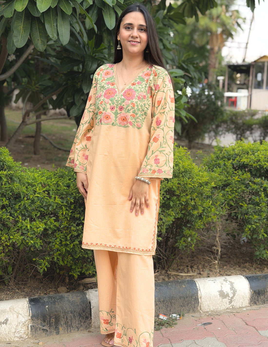 Light Peach Kashmiri Aari Embroidered Cambric Cotton Co-ord Set for Women | Pink &amp; Green Ethnic Wear