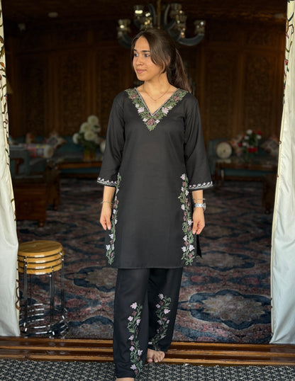 Black Kashmiri Aari Embroidered Cotton Co-ord Set for Women | Office &amp; Casual Ethnic Wear