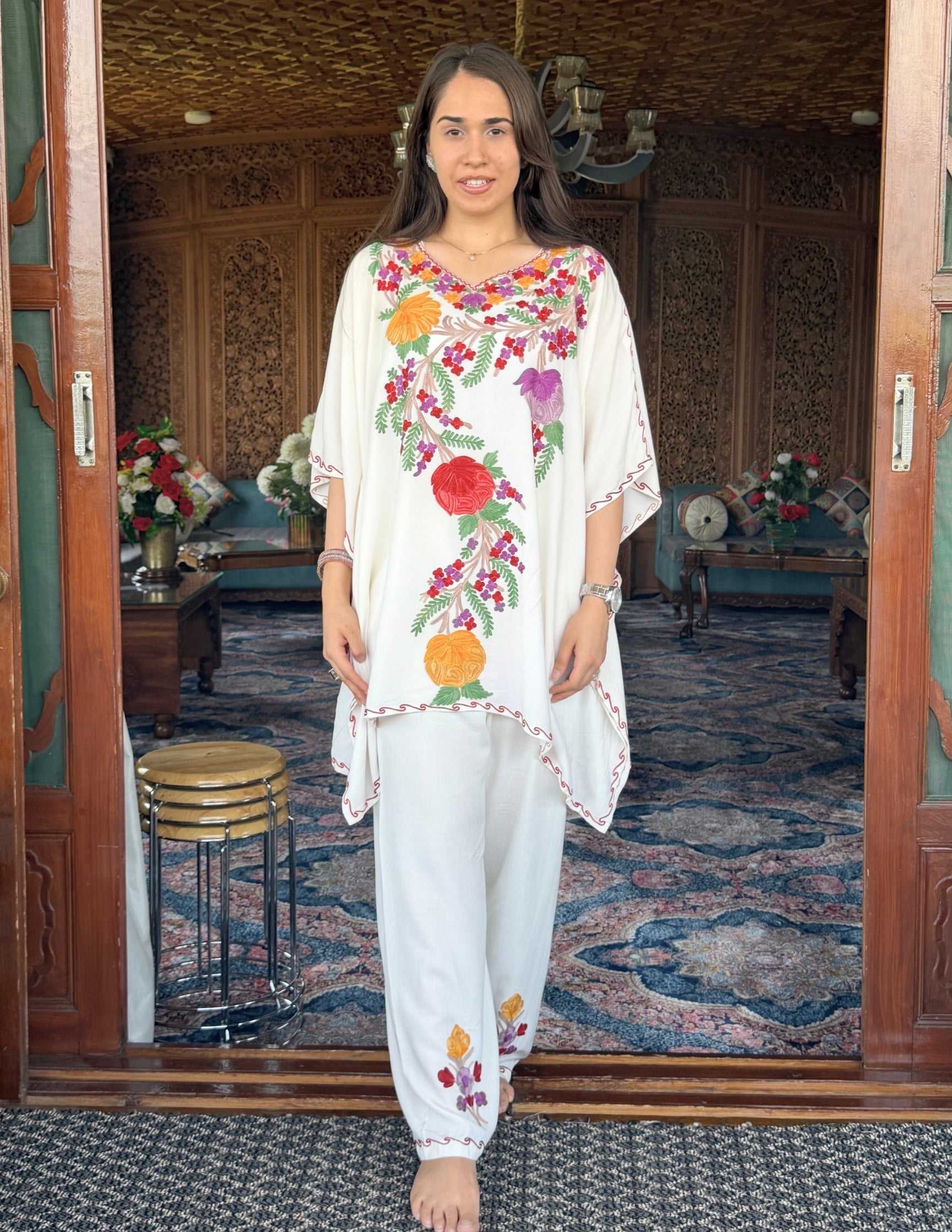White Kashmiri Aari Embroidered Rayon Kaftan Set for Women | Summer Ethnic Wear