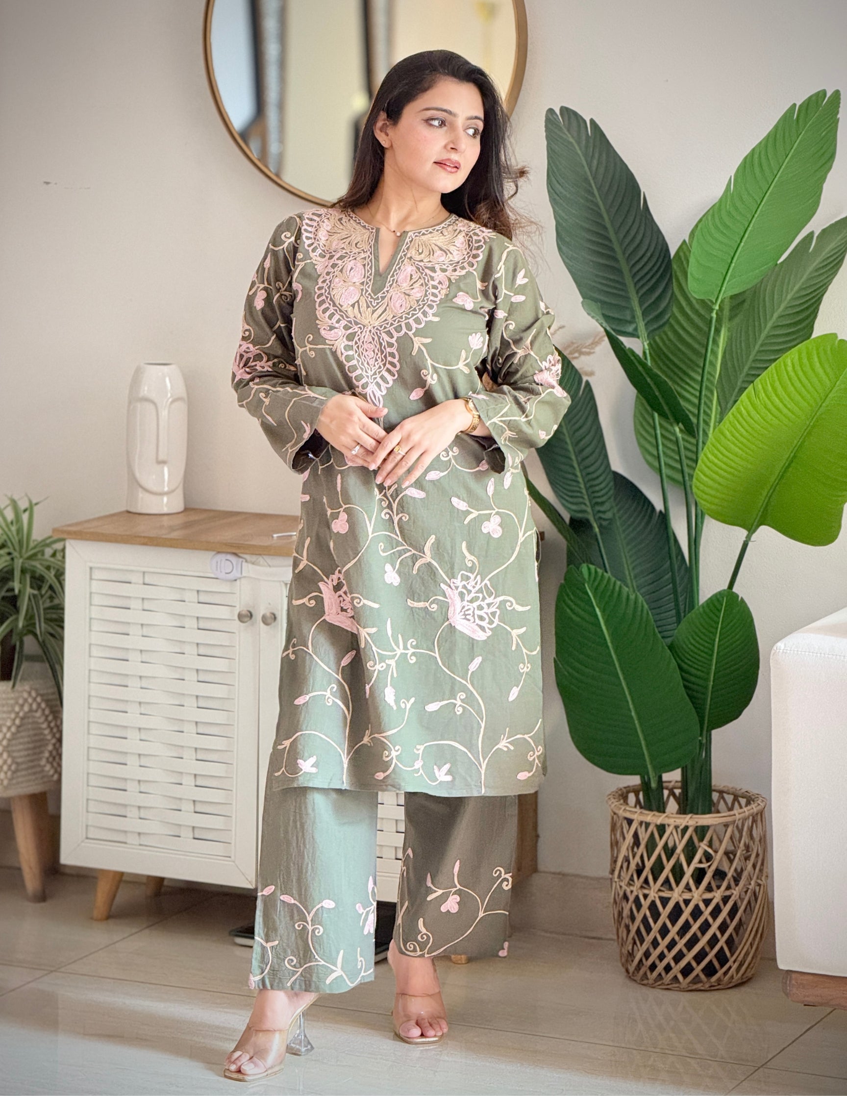 Olive Green Kashmiri Aari Embroidered Cambric Cotton Co-ord Set for Women | Casual Ethnic Wear