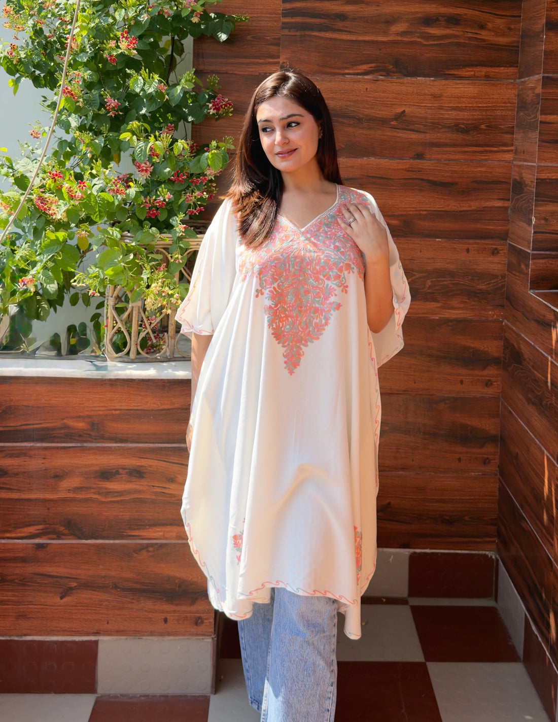 Off White Kashmiri Aari Embroidered Rayon Kaftan for Women | Multicolor Ethnic Wear