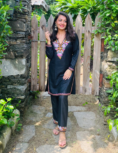 Nigeen Kashmiri Aari Black Co-ord set - Kashmir Box