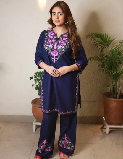 Blue Kashmiri Aari Embroidered Cotton Co-ord Set for Women | Multicolor Ethnic Wear