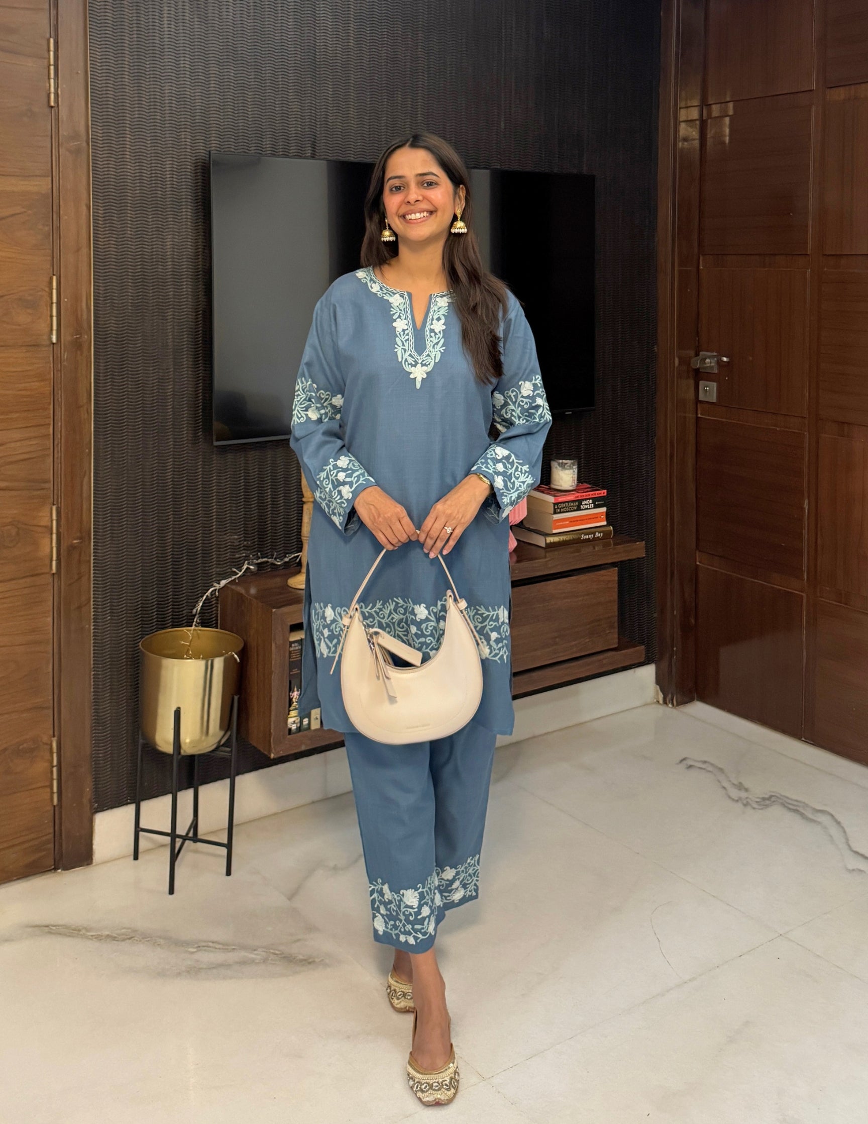 Slate Grey Kashmiri Aari Cotton Co-ord Set for Women | Minimalist Office &amp; Casual Wear