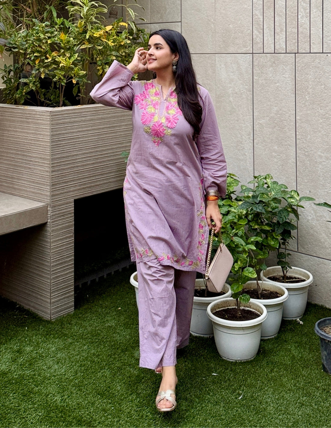 Mauve Kashmiri Aari Embroidered Cotton Co-ord Set for Women | Ethnic Wear