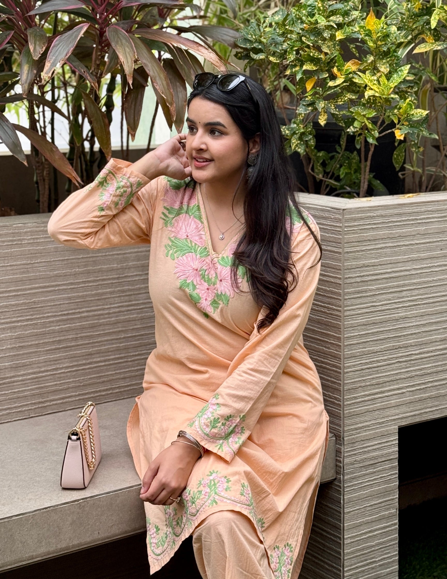 Light Peach Kashmiri Aari Embroidered Cambric Cotton Co-ord Set for Women | Everyday Ethnic Wear