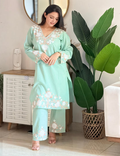 Light Green Kashmiri Aari Embroidered Cambric Cotton Co-ord Set for Women | Casual Ethnic Wear