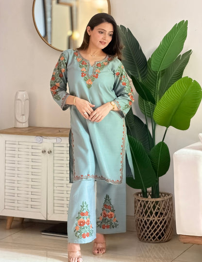 Bluish Grey Kashmiri Cotton Co-ord Set for Women with Earthy Aari Embroidery