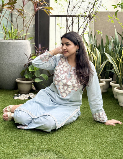 Light Blue Kashmiri Aari Embroidered Cambric Cotton Co-ord Set for Women | Office Ethnic Wear