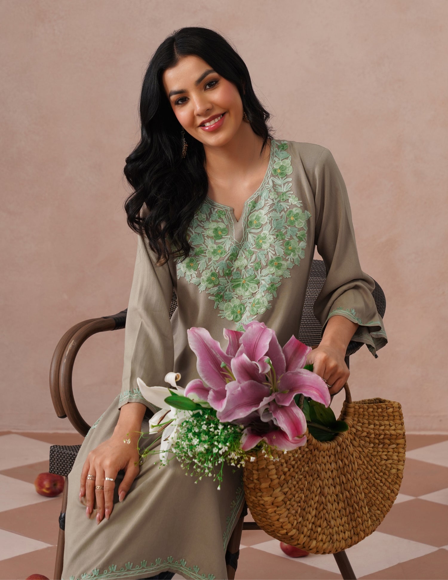 Mouse Grey Rayon Kurti – Green Aari Embroidery | Daily Wear Ethnic Kurti