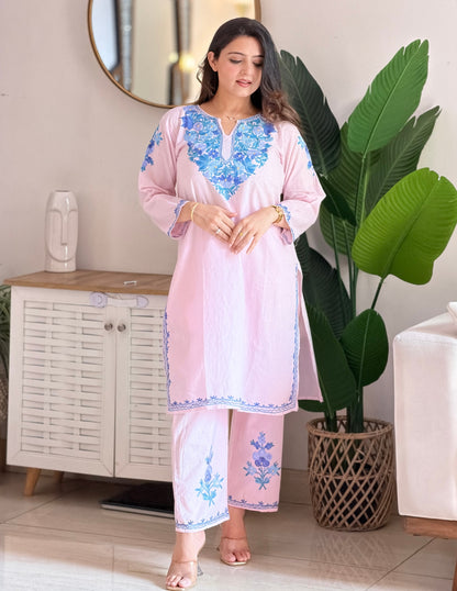 Light Pink Kashmiri Aari Embroidered Cambric Cotton Co-ord Set for Women | Everyday Ethnic Wear